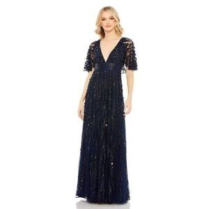 Mac Duggal size 18 Navy 93784 Sequined Beaded V-NECK Formal Cocktail Dress GOWN